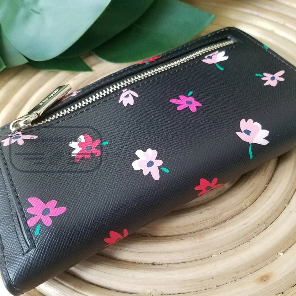 Kate Spade NWT Kate Spa Staci Ditsy Buds Large Slim Bifold Wallet in Black - Picture 12 of 14